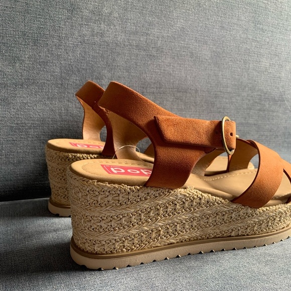 Pop Womens Brown Adjustable Ankle Strap Wedge Espadrille Open Toe Heel Sandals - Picture 2 of 11